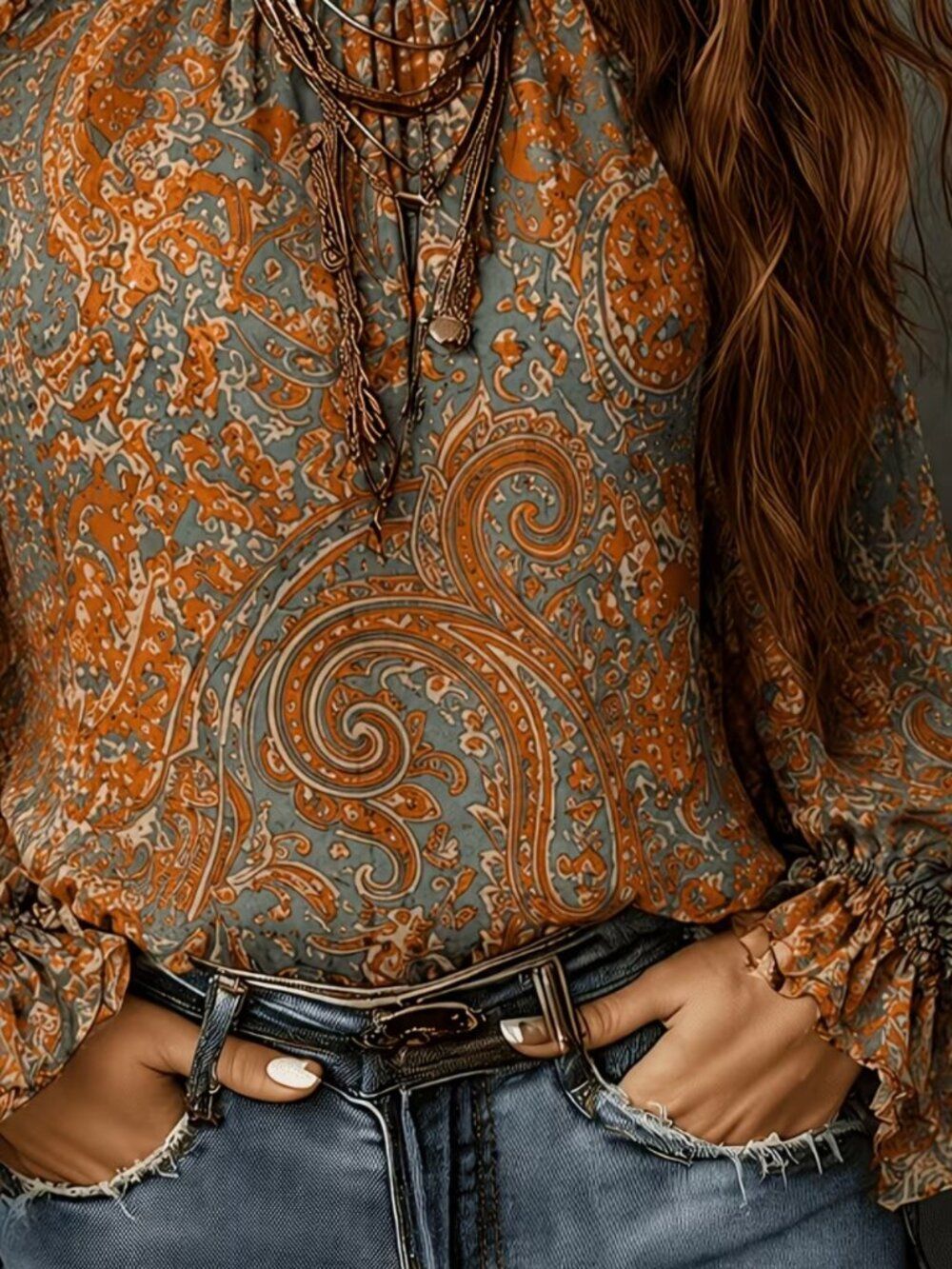 NWT Boho Paisley Cold Shoulder Blouse Ruffle Mock Neck Khaki Rust 14 - Picture 3 of 4